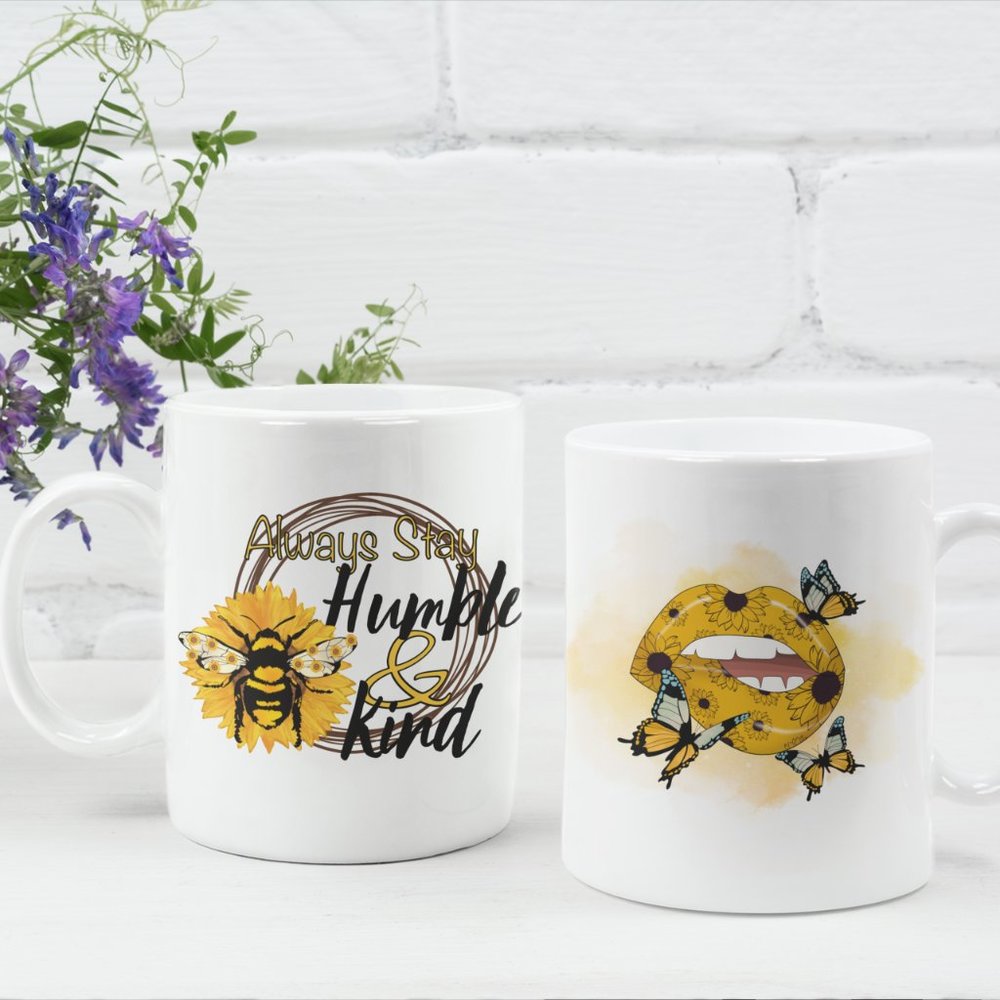 Always stay humble and kind sunflower print coffee mug.